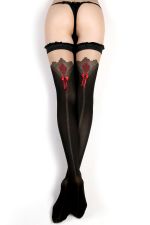 Glamouröse halterlose schwarze Strümpfe mit roter Schleife – Ballerina 350
