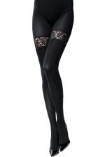 Risky Game – Schwarze blickdichte Damenstrumpfhose mit Spitzenjarretiere – Knittex