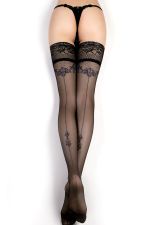 Selbsthaltende Fantasie-Strümpfe in Schwarz mit blauen Mustern – Ballerina 415