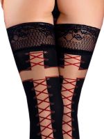 Sexy selbsthaftende Strümpfe – Schwarz blickdicht mit roter Schnürung – Ballerina 526