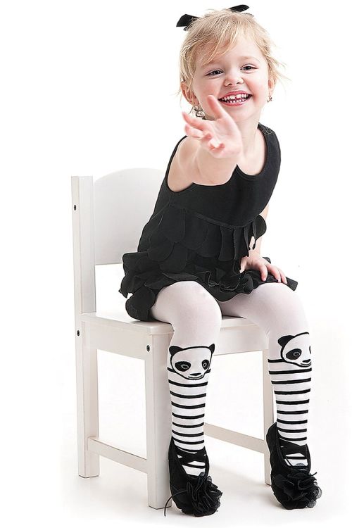 Panda – Weiße Mädchenstrumpfhose aus Mikrofaser mit Pandamotiv – Knittex