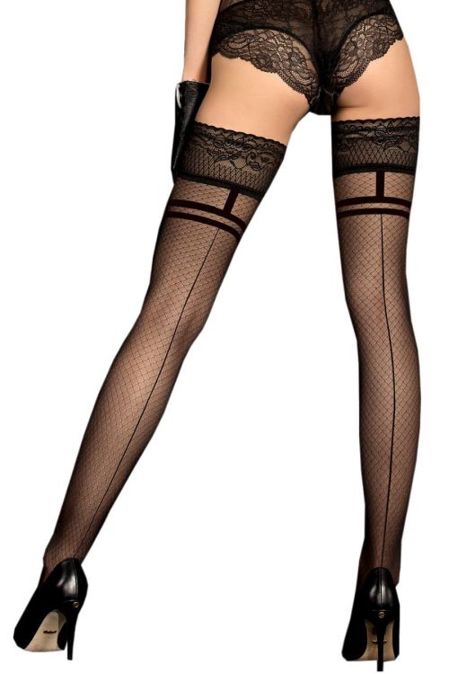 Sexy halterlose schwarze Strümpfe mit Naht und Netz-Effekt – Ballerina