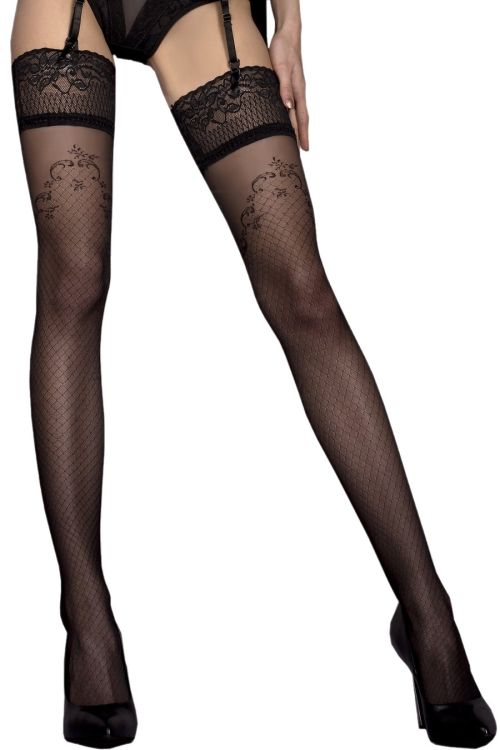 Sexy schwarze halterlose Strümpfe mit Netz-Effekt und Schnürung – Ballerina