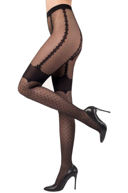 Sexy schwarze Strumpfhose mit Strapsgürtel- und Tupfenmuster-Effekt