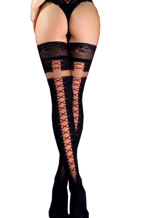 Sexy selbsthaftende Strümpfe – Schwarz blickdicht mit roter Schnürung – Ballerina 526