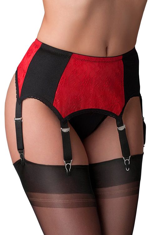 Désirée – Schwarzer Strapsgürtel mit roter Spitze und 6 Haltern