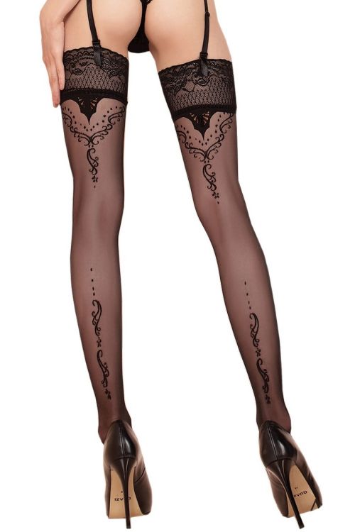 Sexy schwarze halterlose Strümpfe mit originellem Muster – Ballerina