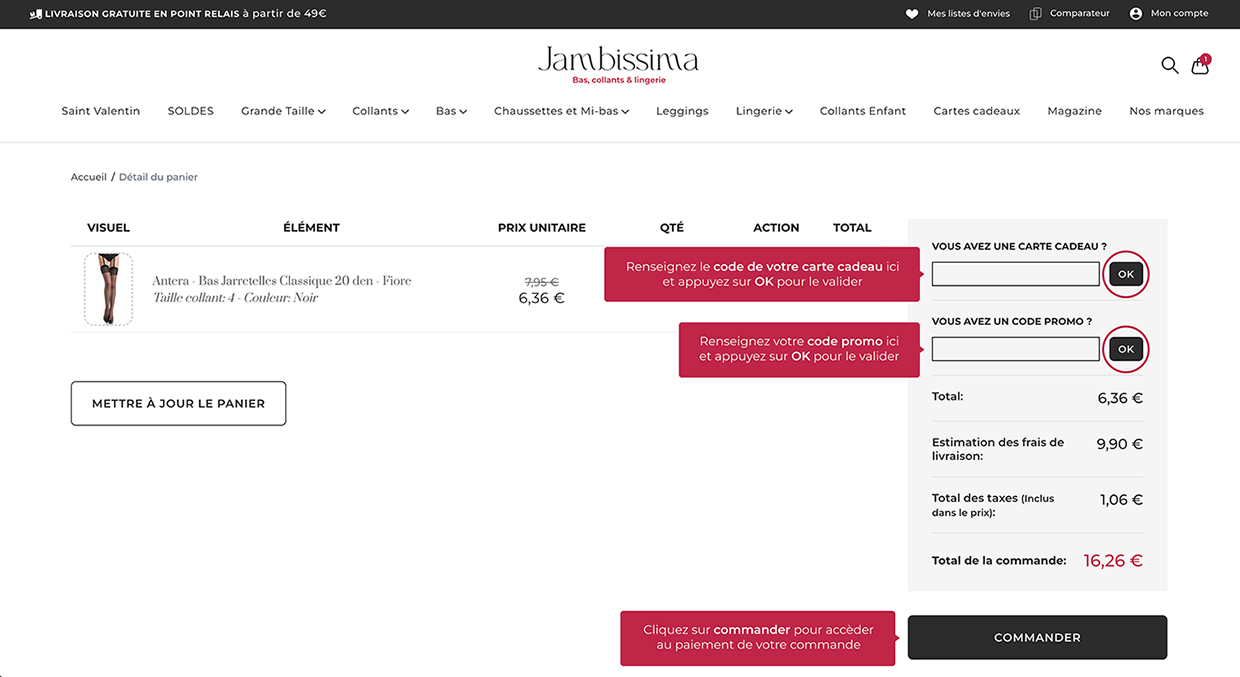 Procedure pour ajouter un code promotionnel ou une carte cadeau